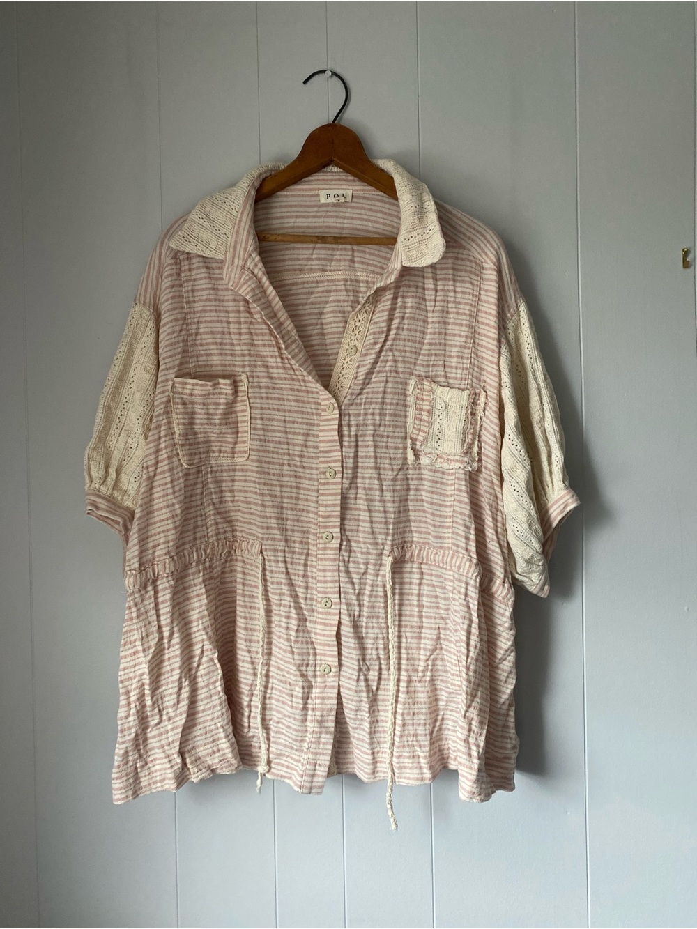 POL Cream and Light Pink Striped Button-Down Shirt with Lace Details